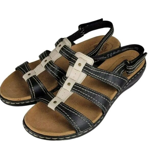 Clark's Collection Black & Cream Sandals Size 8.5 EUC - Picture 3 of 8